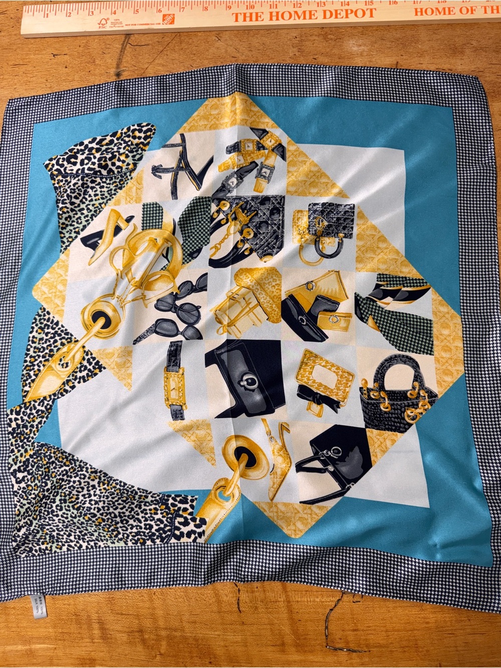 Blue, White & Gold Patterned Women’s Silk square Scarf - Picture 3 of 6